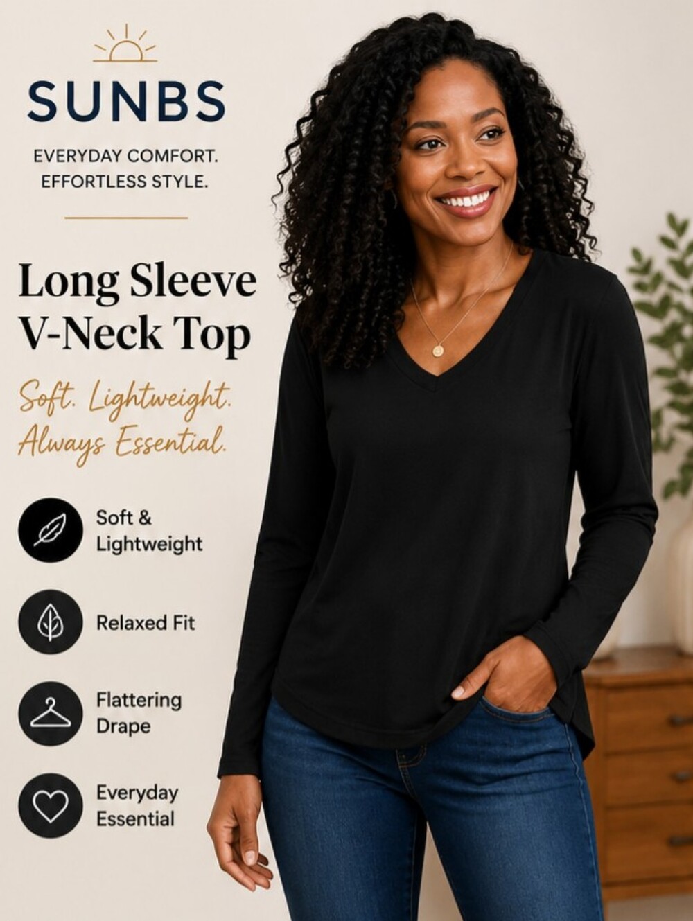 SUNBS Women's Size Medium NWT Long Sleeve V-Neck Tunic Tops,  Black